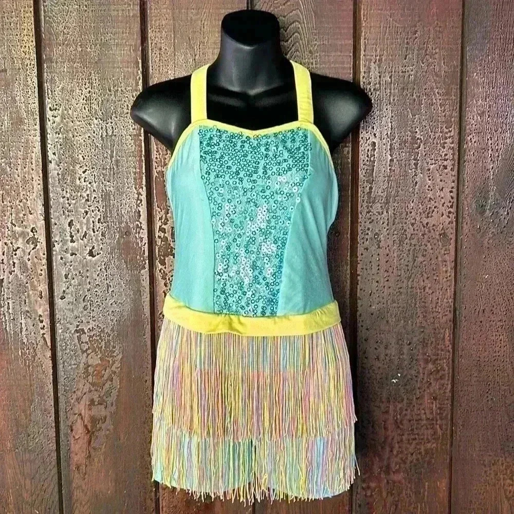 Vintage Candy Colored Fringe & Sequin Boyshorts Leotard Dance Halloween Costume